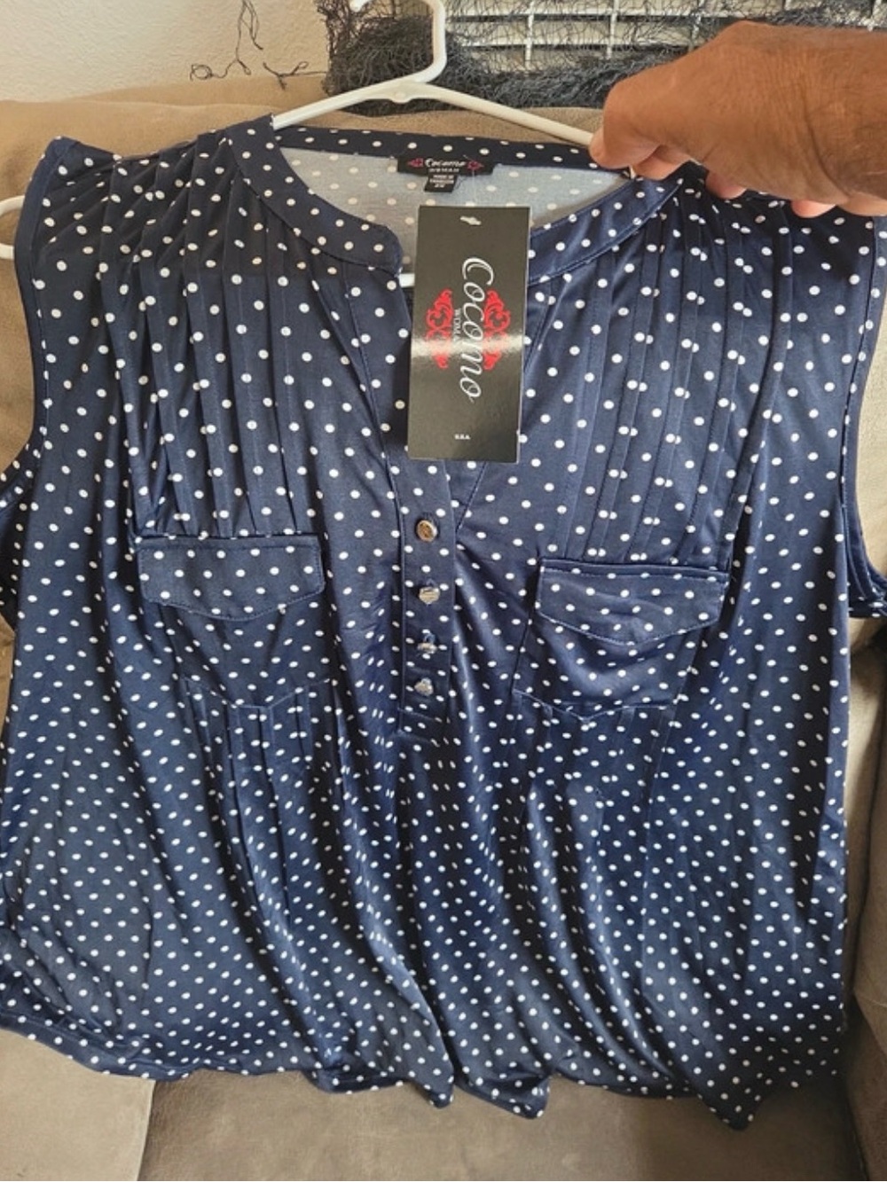 Cocomo Women’s XXL Blue/White Polka Dot Sleeveless V-Neck Blouse Top